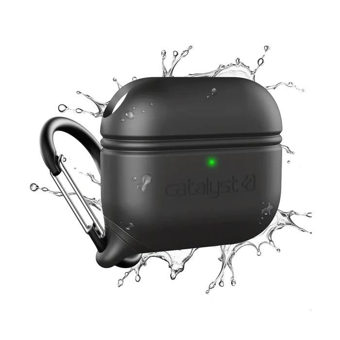 The Catalyst Case US AirPods (Gen 3) Waterproof Case + Carabiner in black is shown with a green indicator light, water splashes for rugged protection, wireless charging compatibility, and a white background.