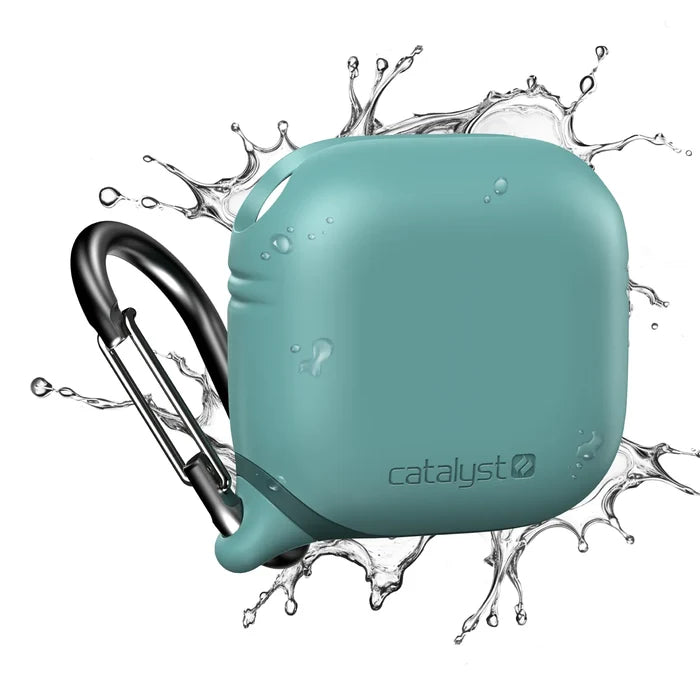 The Catalyst Case US AirPods (Gen 4) - Waterproof Case in Sea Green is shown with a black carabiner and splashing water, highlighting its water-resistant design and compact, minimalistic style.