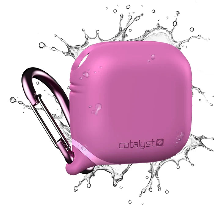 A Rose Pink Catalyst Case US AirPods (Gen 4) Waterproof Case + Carabiner is shown with water splashes, highlighting its water resistance. The Catalyst logo features on the bottom right of the case against a white background.