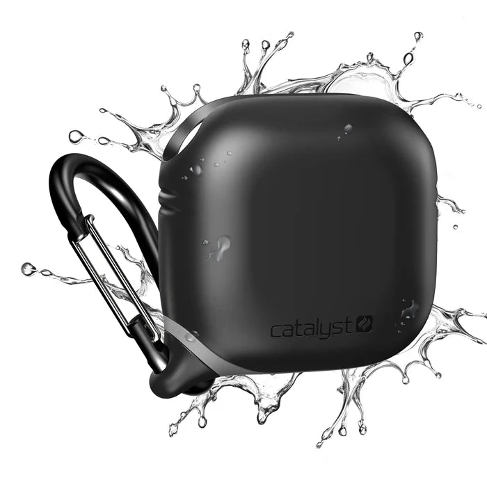 A black Catalyst Case US AirPods (Gen 4) Waterproof Case with a carabiner is shown with water splashes, highlighting its durability and water resistance. The Catalyst logo appears on the lower front of the case.