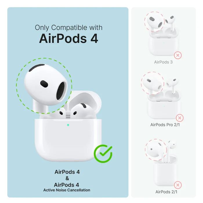 On the left, Catalyst Case US AirPods (Gen 4) - Waterproof Case + Carabiner is shown with a green check, while AirPods 3, Pro 2/1, and 2/1 on the right have red Xs. Text: "Only compatible with AirPods (Gen 4).