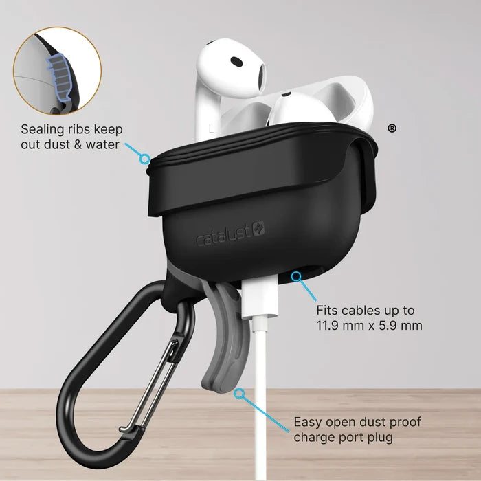 A Catalyst Case US AirPods (Gen 4) Waterproof Case + Carabiner is featured in black. One AirPod sits inside, one outside. Text highlights sealing ribs, dustproof charge port plug, and cable compatibility up to 11.9mm x 5.9mm on a minimal light background.
