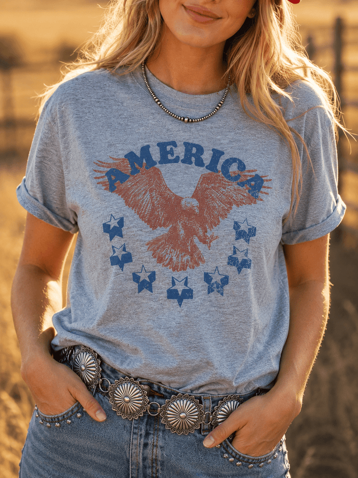 America Patriotic Eagle Graphic TeeLight Heather GreyS
