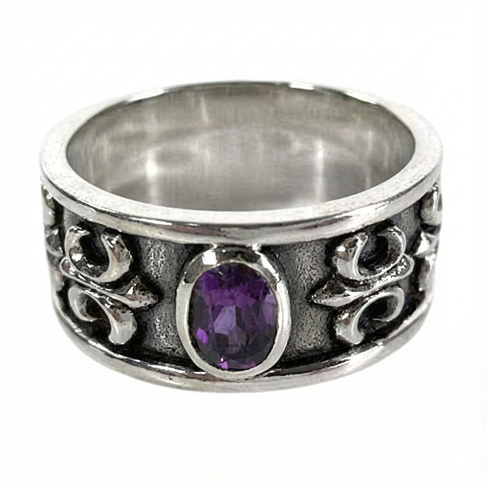 Front view of Amethyst Sterling Silver Men's Band Ring featuring a central purple gemstone
