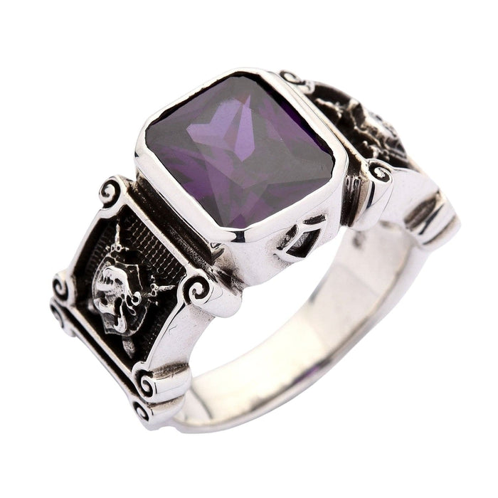 Statement men’s ring with amethyst CZ and medieval armor design