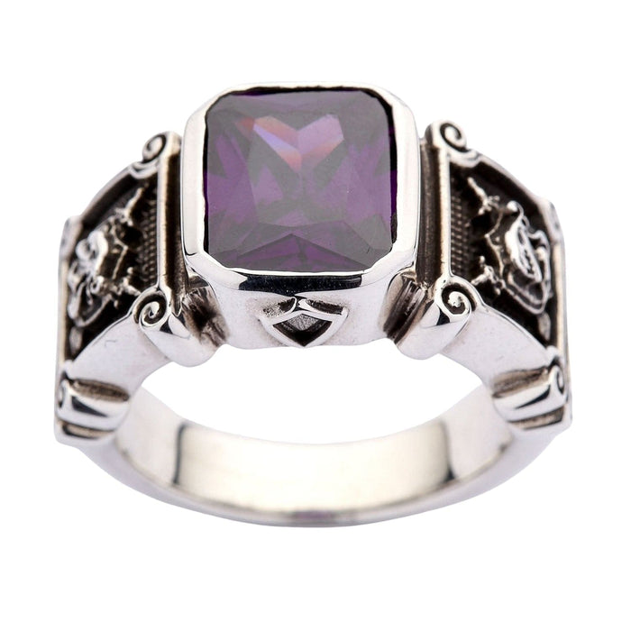 Close-up of the 12x15mm faceted purple amethyst CZ stone set in sterling silver.