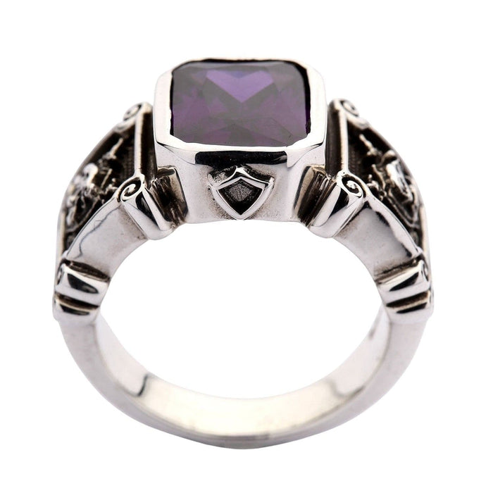 Gothic men’s silver ring with large amethyst centerpiece