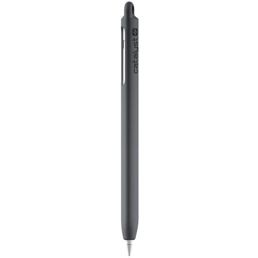 A gray Apple Pencil (Gen 1) Grip Case by Catalyst Case US is shown vertically against a white background, with the pointed tip down and the "catalyst" logo vertically printed on the upper barrel near a top clip.