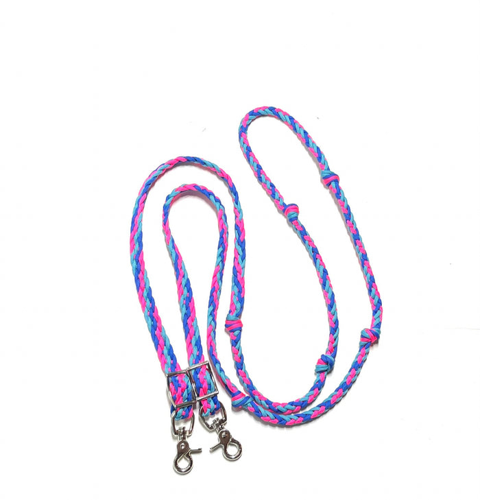 Barrel Reins in neon hot pink, royal blue, and neon turquoise,  round  with grip knots - Tiffanys Braided Tack LLC