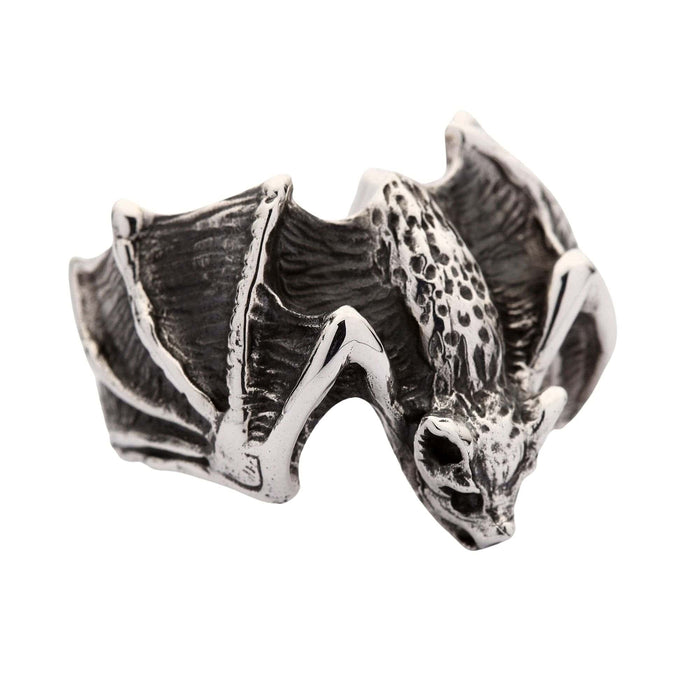A gothic bat ring in solid sterling silver, featuring a detailed bat with its wings spread and a polished finish.