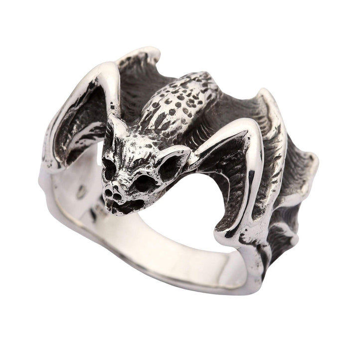 A premium piece of gothic jewelry: a sterling silver vampire bat ring with intricate, leathery wing details.