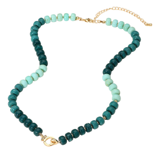 Gold,Teal Marbled Beaded Clasp Accent Necklace