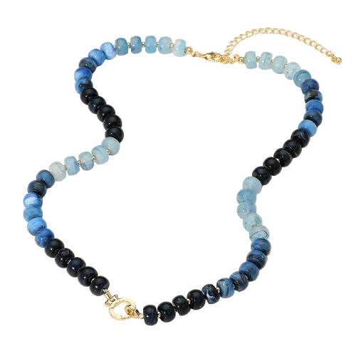 Gold,Navy Marbled Beaded Clasp Accent Necklace