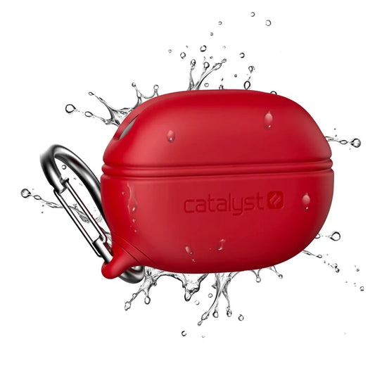 The Catalyst Case US Waterproof Case + Carabiner for Beats Studio Buds/Beats Studio Buds Plus is shown in red with water splashes, highlighting its water resistance and MIL-STD-810G drop protection on a minimalistic white background.