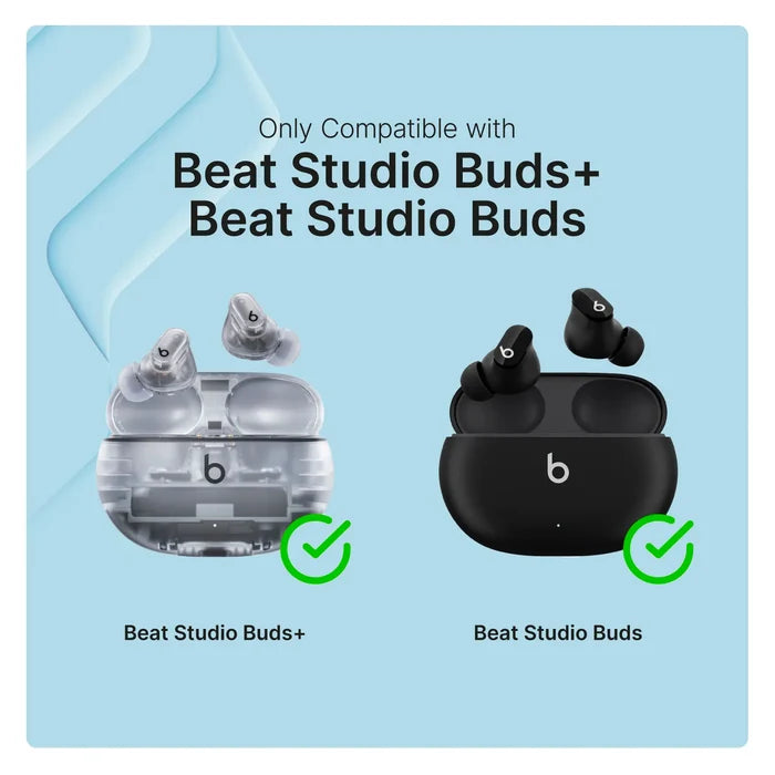 Graphic of two wireless earbuds—translucent "Beats Studio Buds Plus" and black "Beats Studio Buds"—both with check marks. Ideal for protecting your earbuds with the Catalyst Case US Waterproof Case + Carabiner.