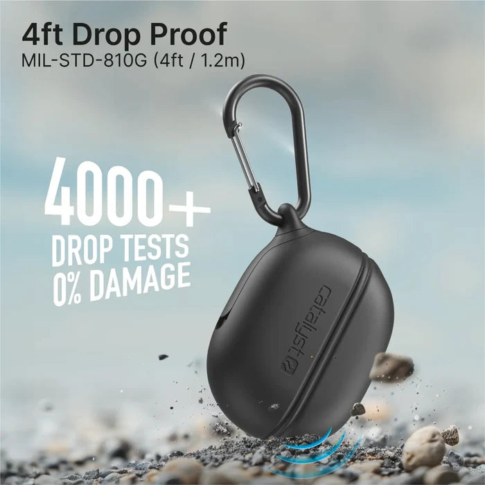 The Catalyst Case US Waterproof Case + Carabiner for Beats Studio Buds / Buds Plus, shown falling onto rocks, features "4ft Drop Proof MIL-STD-810G, 4000+ Drop Tests 0% Damage," with the Catalyst logo displayed above stones.