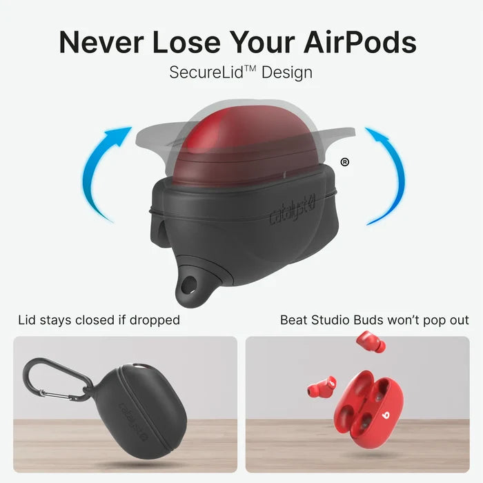 A Catalyst Case US waterproof case for Beats Studio Buds/Plus is shown with a carabiner, secure red inner lid, and "Never Lose Your AirPods" text—highlighting its SecureLid design and MIL-STD-810G drop protection.