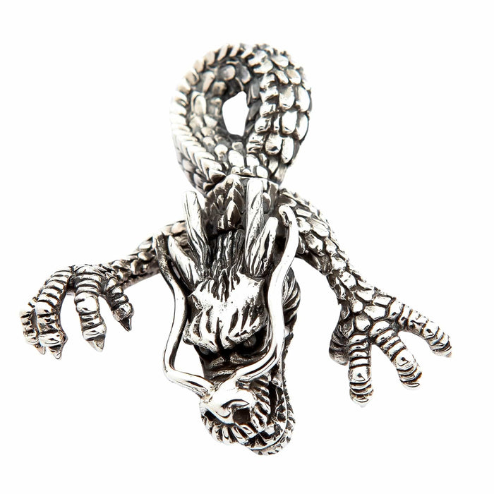 Front view of the big dragon head pendant in solid .925 sterling silver, featuring an open jaw, fangs, and sweeping horns.