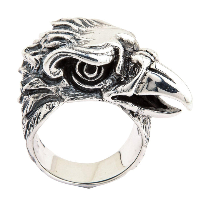 Big Eagle Head Sterling Silver Biker Ring front view showing fierce eye