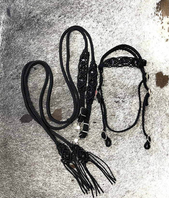 Black Beaded amethyst Browband Headstall with a fancy braided browband with matching reins....all sizes. - Tiffanys Braided Tack LLC
