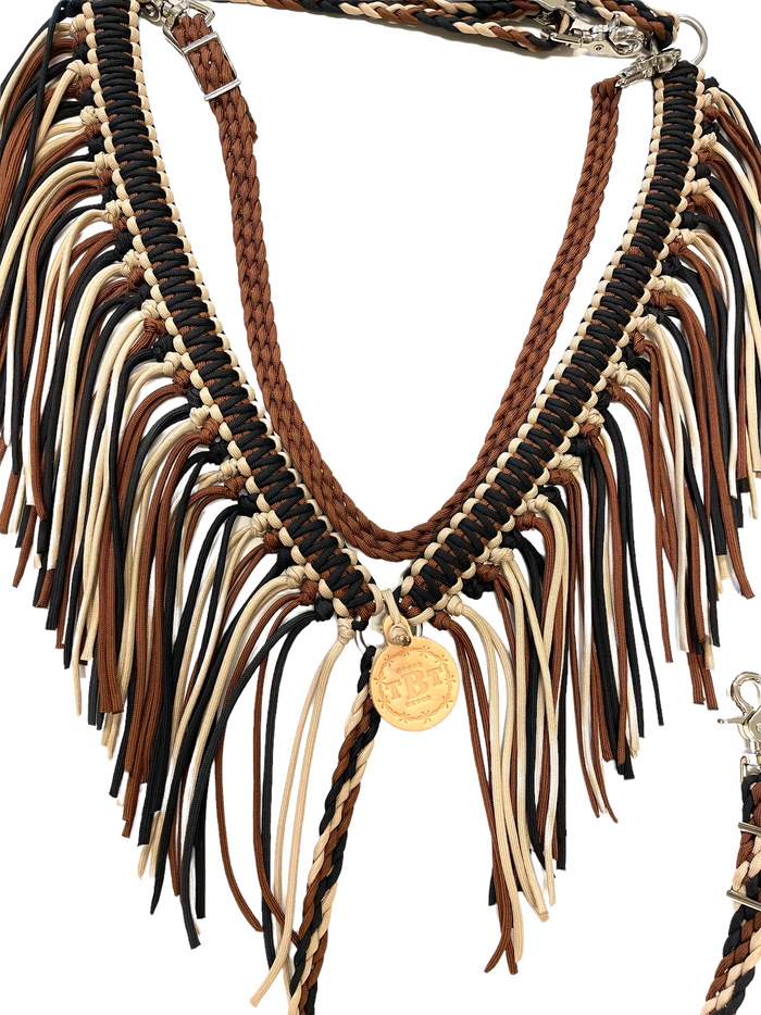 Black brown and tan fringe breast collar with a wither strap - Tiffanys Braided Tack LLC