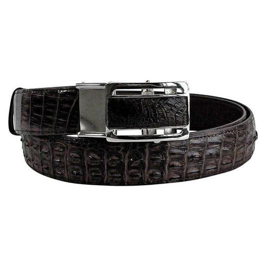A full view of the men's genuine black crocodile leather belt with its polished silver automatic lock buckle.