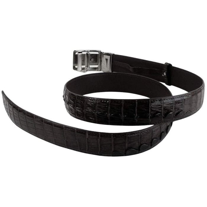 The luxury black crocodile belt coiled to display its flexibility and premium finish.
