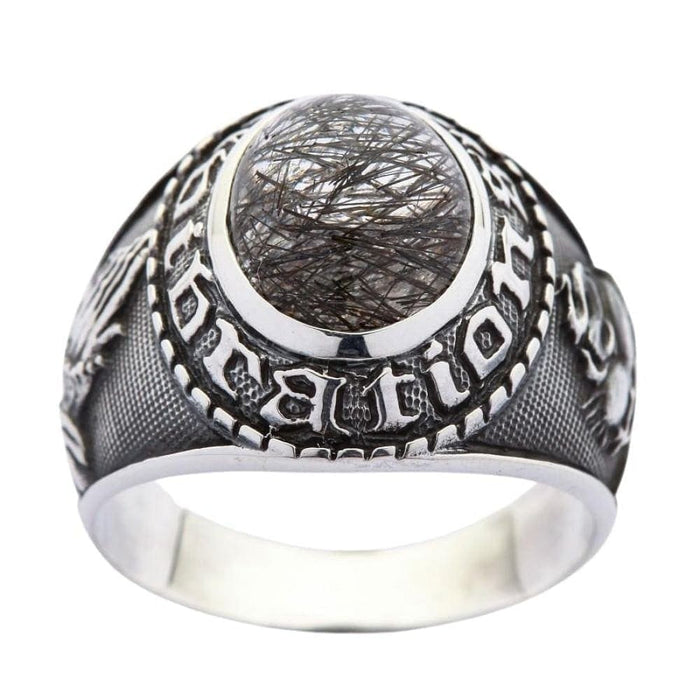 Black rutilated quartz sterling silver ring with Sacred Heart and praying hands carvings front view