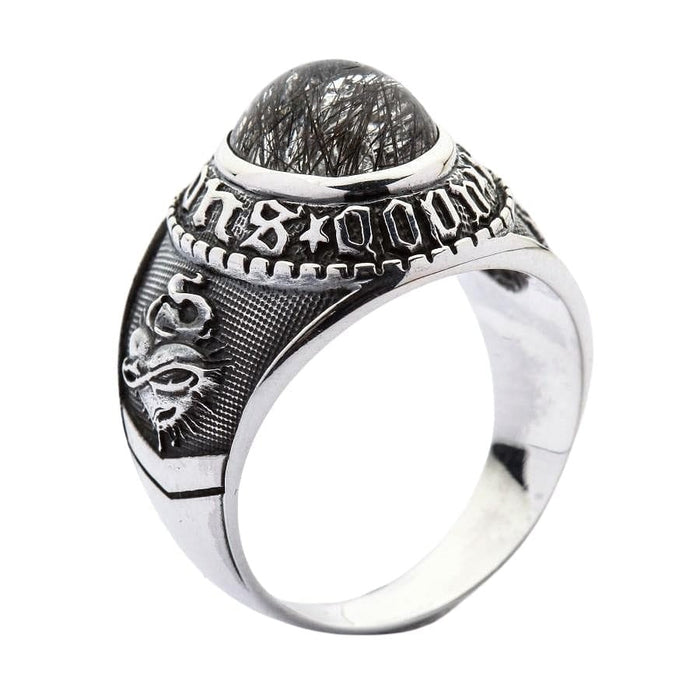 Sacred Heart of Christ carved sterling silver ring with black tourmalinated quartz side view