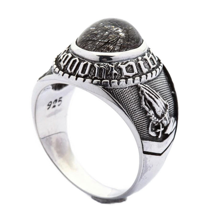 925 sterling silver hallmark stamp inside band of black rutilated quartz spiritual ring