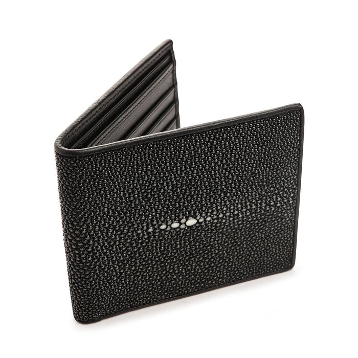 A premium men's bifold wallet made from genuine, polished black stingray skin with a black cowhide interior.