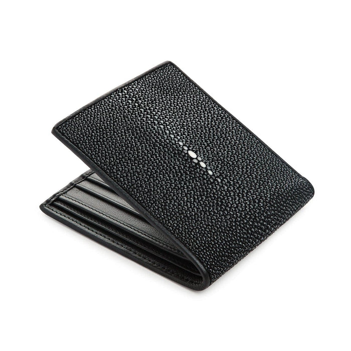 A compact and slim polished stingray wallet, perfectly sized for a comfortable fit in a front or back pocket.
