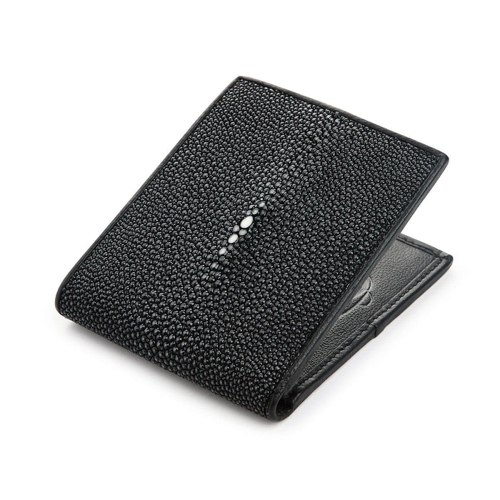 Angled view of the men's black stingray billfold with polished beaded hide and cowhide card slots visible.