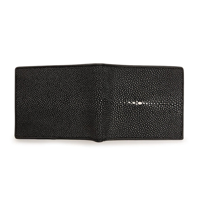 Back exterior panel of the polished black stingray wallet showing its natural row of white beads.