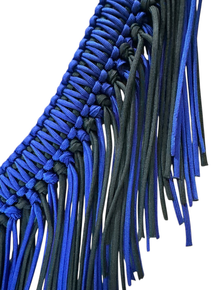 Blue and black fringe breast collar with wither strap