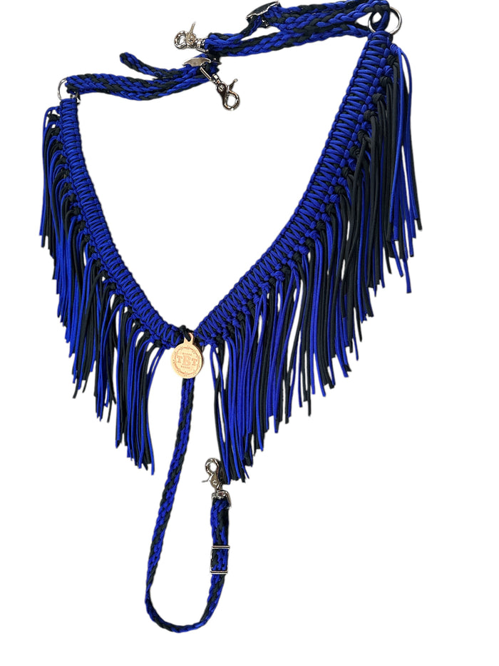 Blue and black fringe breast collar with wither strap