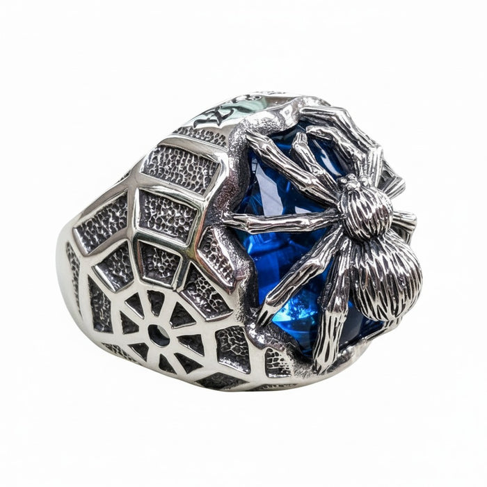 An angled view of the men's gothic spider ring, showcasing the polished spider web design on the 925 sterling silver band.