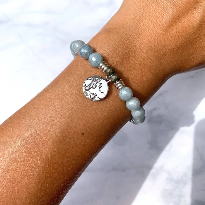 Blue Quartzite Gemstone Bracelet with Cactus Sterling Silver Charm Tiffany Jazelle
