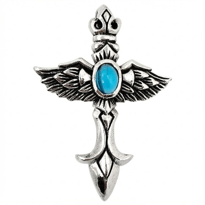 Front view of handcrafted Blue Topaz Winged Dagger Pendant