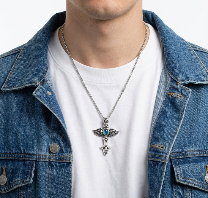 Man wearing sterling silver winged dagger pendant with blue topaz on a chain