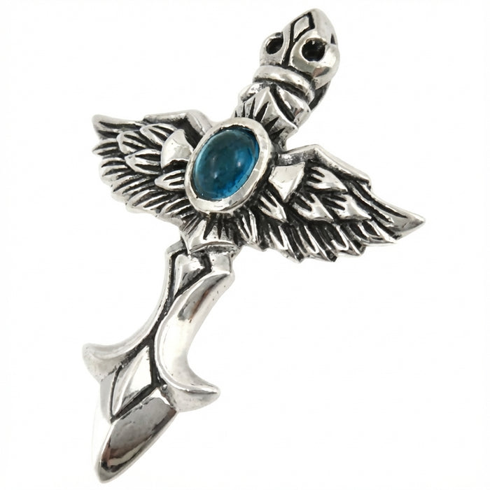 Angled view showing detailed feather carving on silver winged pendant