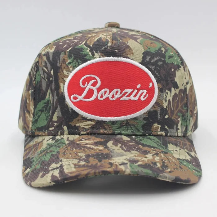 Boozin' Embroidered Tree Camo Trucker Hat