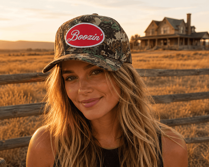 Boozin' Embroidered Tree Camo Trucker Hat