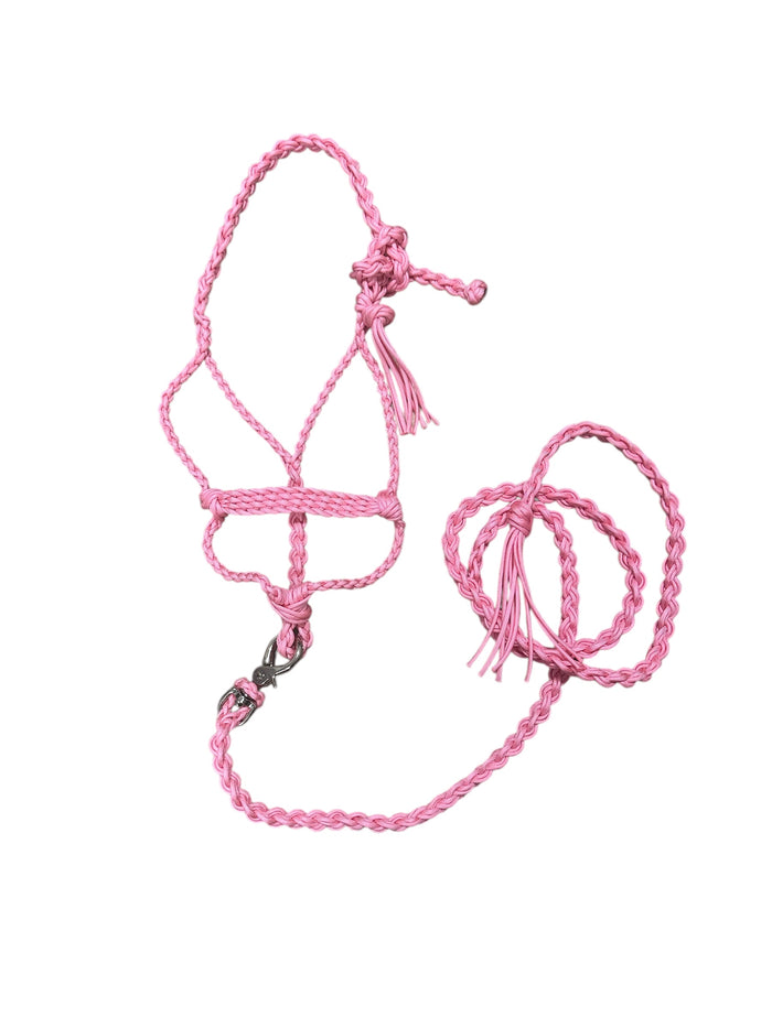 Braided pony or  horse halter with lead in light pink