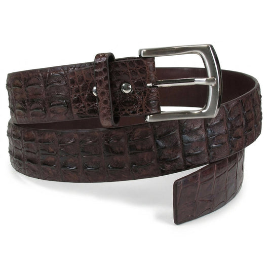 Coiled crocodile belt showing the silver prong buckle, keeper loop and tapered hornback-scale tip end