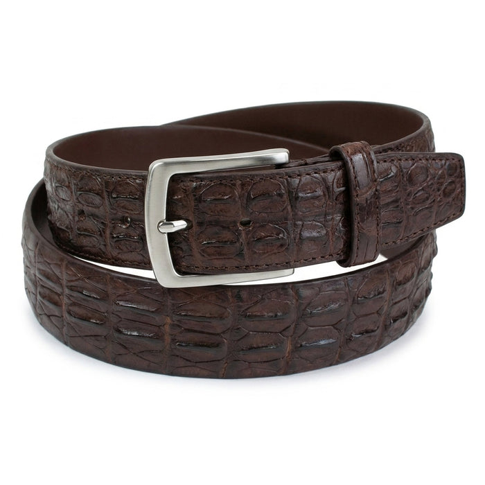 Overhead close-up of the glossy double-row backbone scales and brown interior lining of the crocodile belt