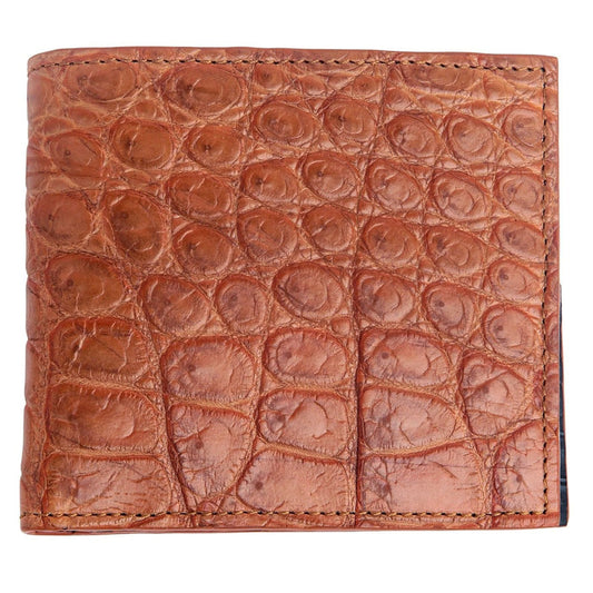 The front view of the men's light brown crocodile leather bifold wallet.