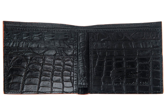 The full black crocodile leather interior of the men's bifold wallet with 10 card slots.