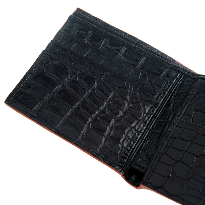 A detail shot of the 10 card slots made from genuine black crocodile leather.