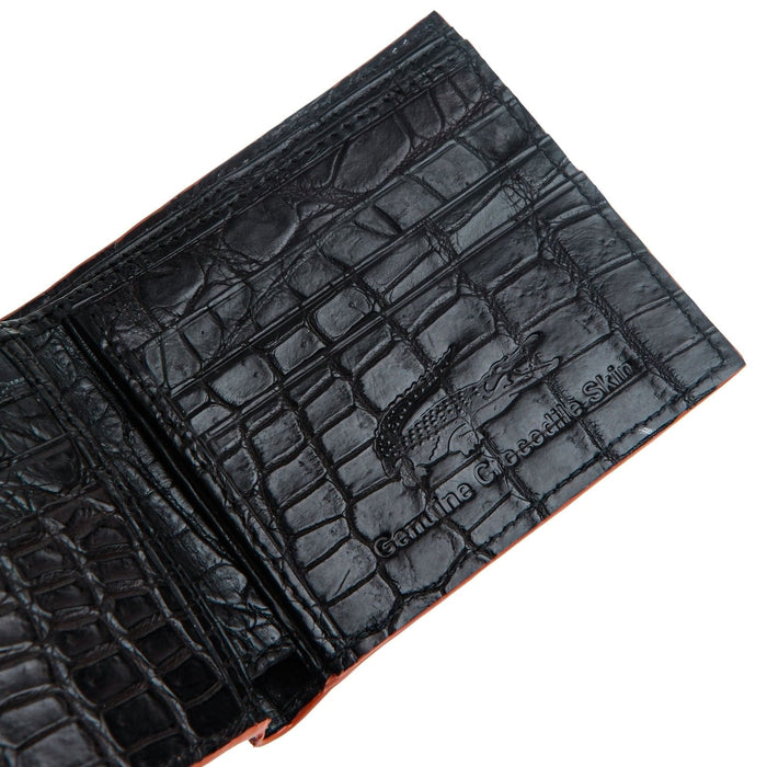 A close-up of the "Genuine Crocodile Skin" stamp inside the black leather interior.